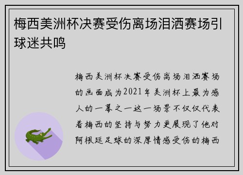 梅西美洲杯决赛受伤离场泪洒赛场引球迷共鸣 梅西美洲杯决赛受伤离场泪洒赛场引球迷共鸣