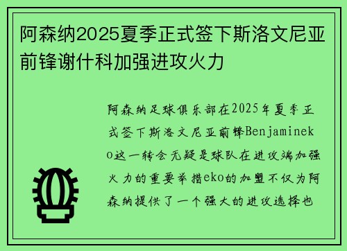 阿森纳2025夏季正式签下斯洛文尼亚前锋谢什科加强进攻火力 阿森纳2025夏季正式签下斯洛文尼亚前锋谢什科加强进攻火力